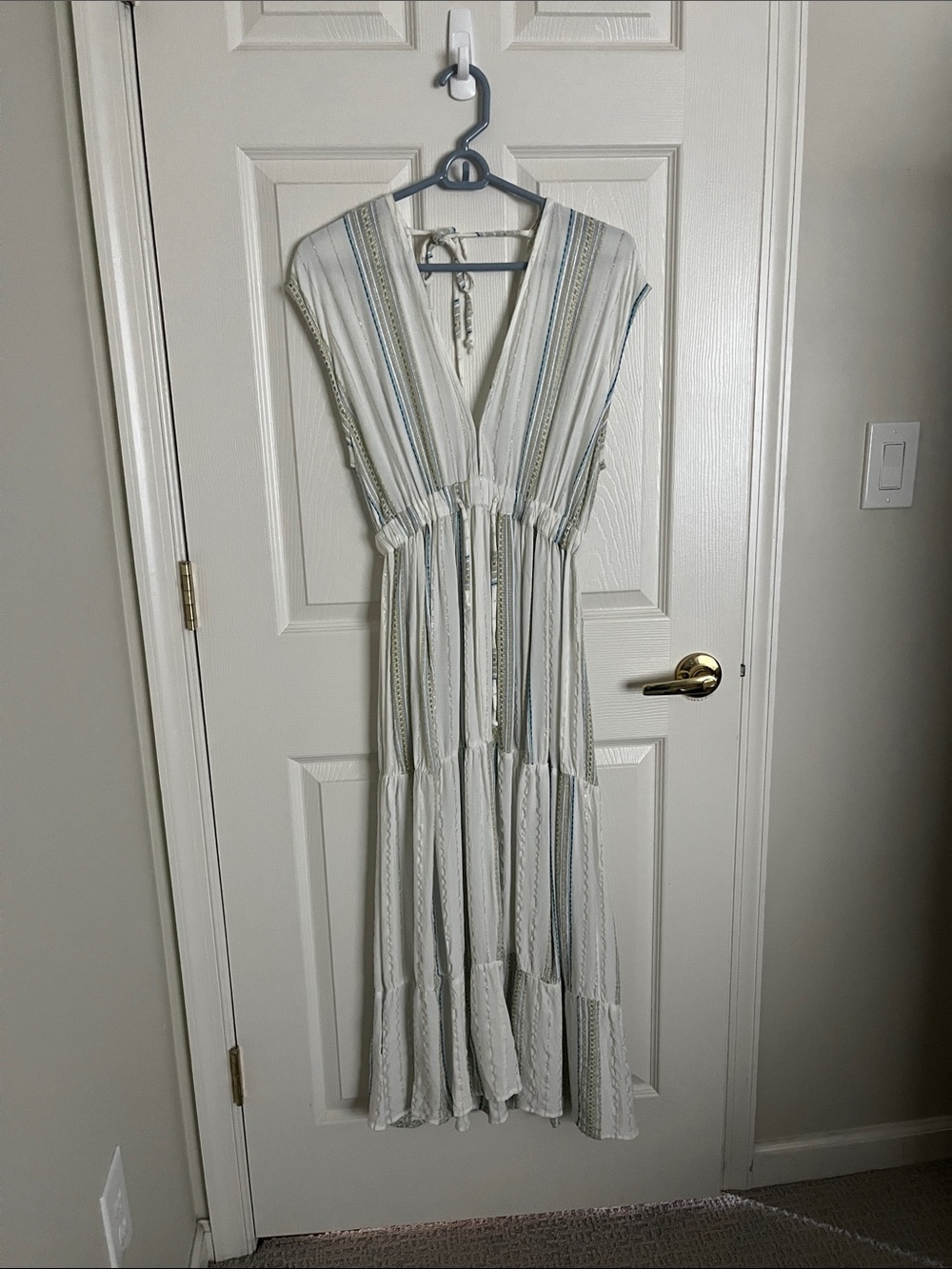 Elan Cream Maxi Dress with Blue and Tan Stripes Size Small - Picture 3 of 6